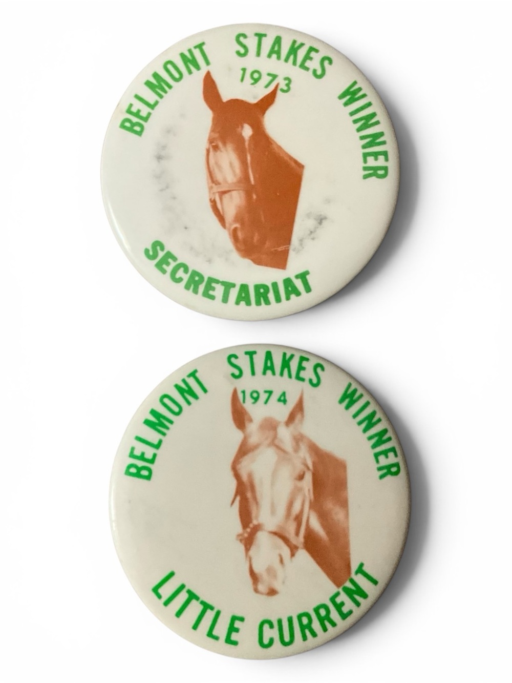 1973 & 1974 Belmont Stakes Winner Pinback Buttons Secretariat & Little Current